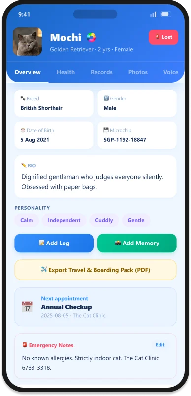 Pet Management, Mochi's full profile with health, records and emergency notes