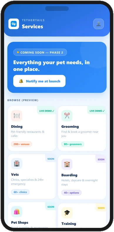 Service Booking, browse and book pet-friendly dining, grooming, vets, boarding and pet shops