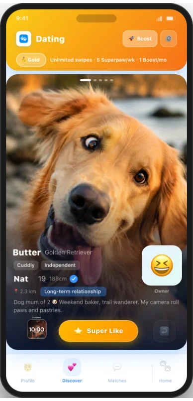 Gold tier, Dating screen showing unlimited swipes and Supaw Likes